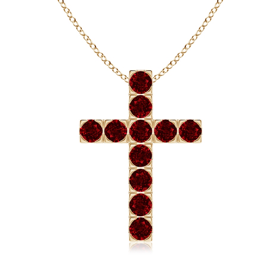 3mm AAAA Flat Prong-Set Ruby Cross Pendant in Yellow Gold 