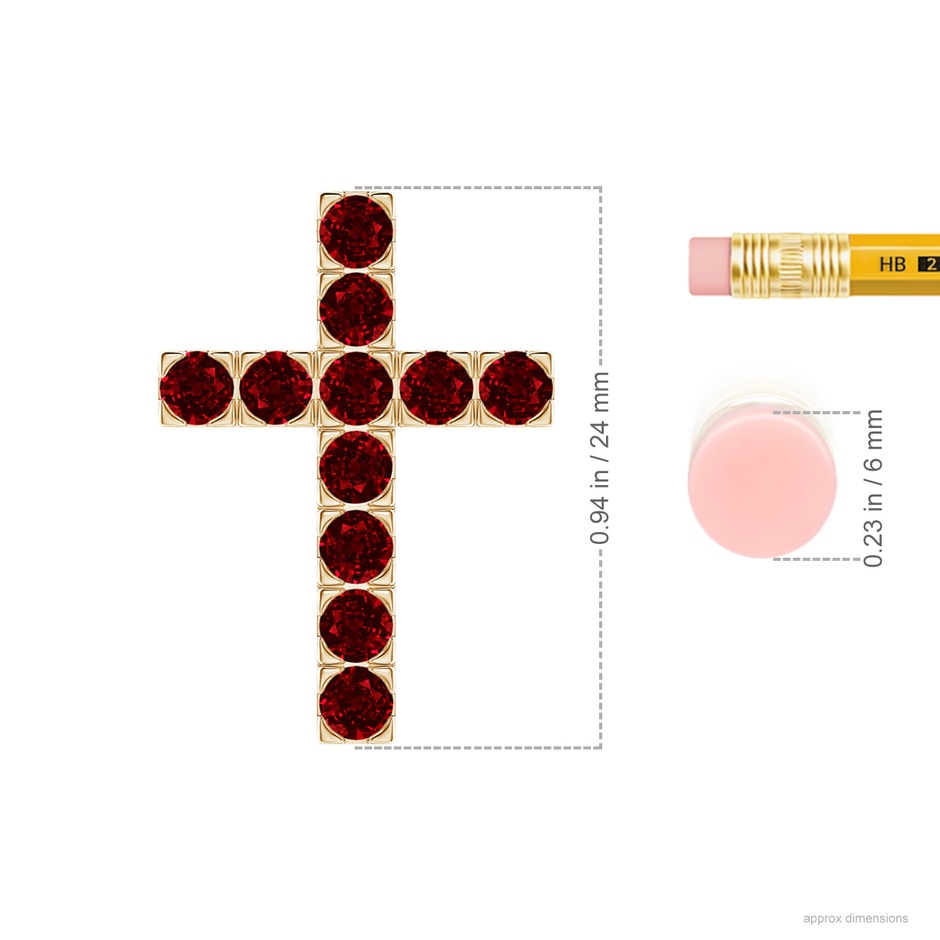 3mm AAAA Flat Prong-Set Ruby Cross Pendant in Yellow Gold ruler