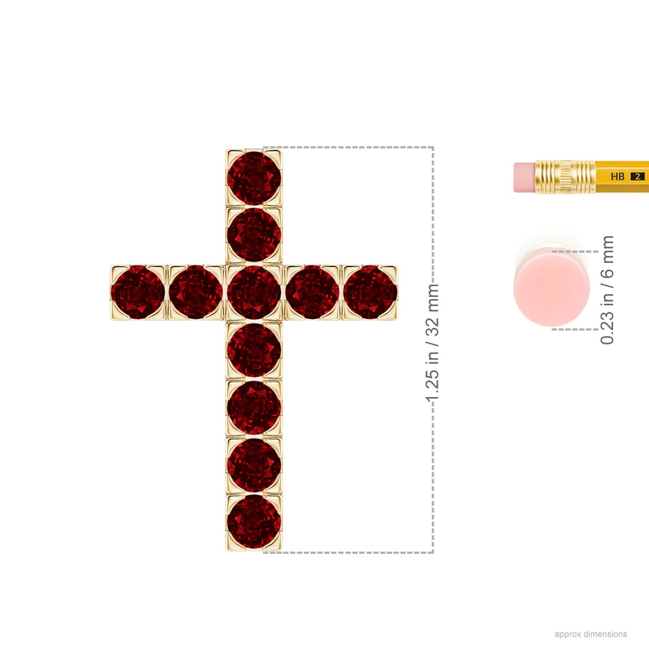4mm AAAA Flat Prong-Set Ruby Cross Pendant in Yellow Gold ruler