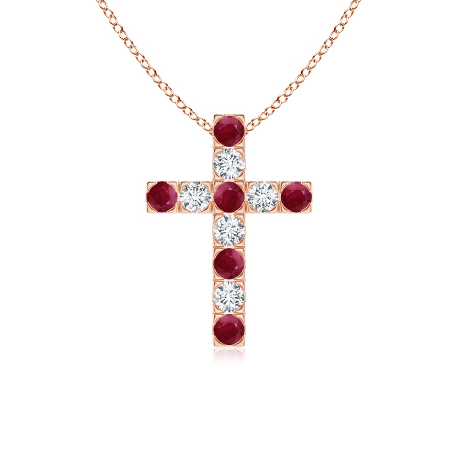 2.5mm A Flat Prong-Set Ruby and Diamond Cross Pendant in Rose Gold 