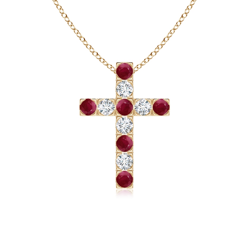 2.5mm A Flat Prong-Set Ruby and Diamond Cross Pendant in Yellow Gold 