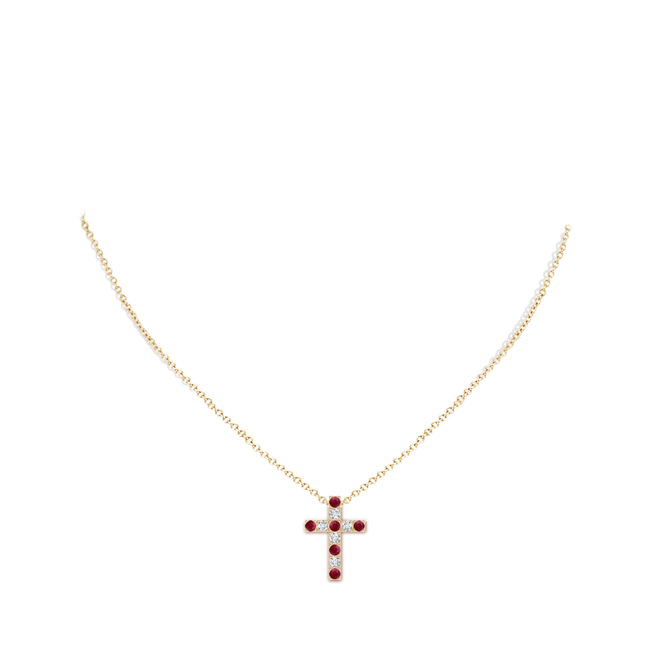 2.5mm A Flat Prong-Set Ruby and Diamond Cross Pendant in Yellow Gold pen