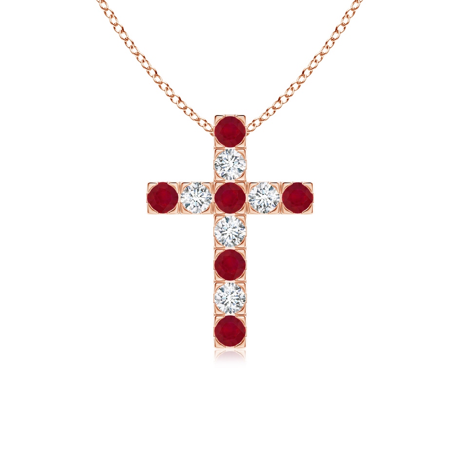 2.5mm AA Flat Prong-Set Ruby and Diamond Cross Pendant in Rose Gold 