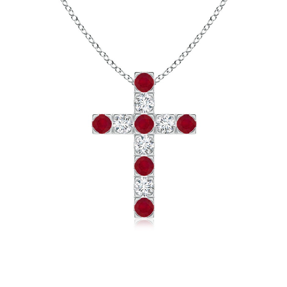 2.5mm AA Flat Prong-Set Ruby and Diamond Cross Pendant in White Gold 
