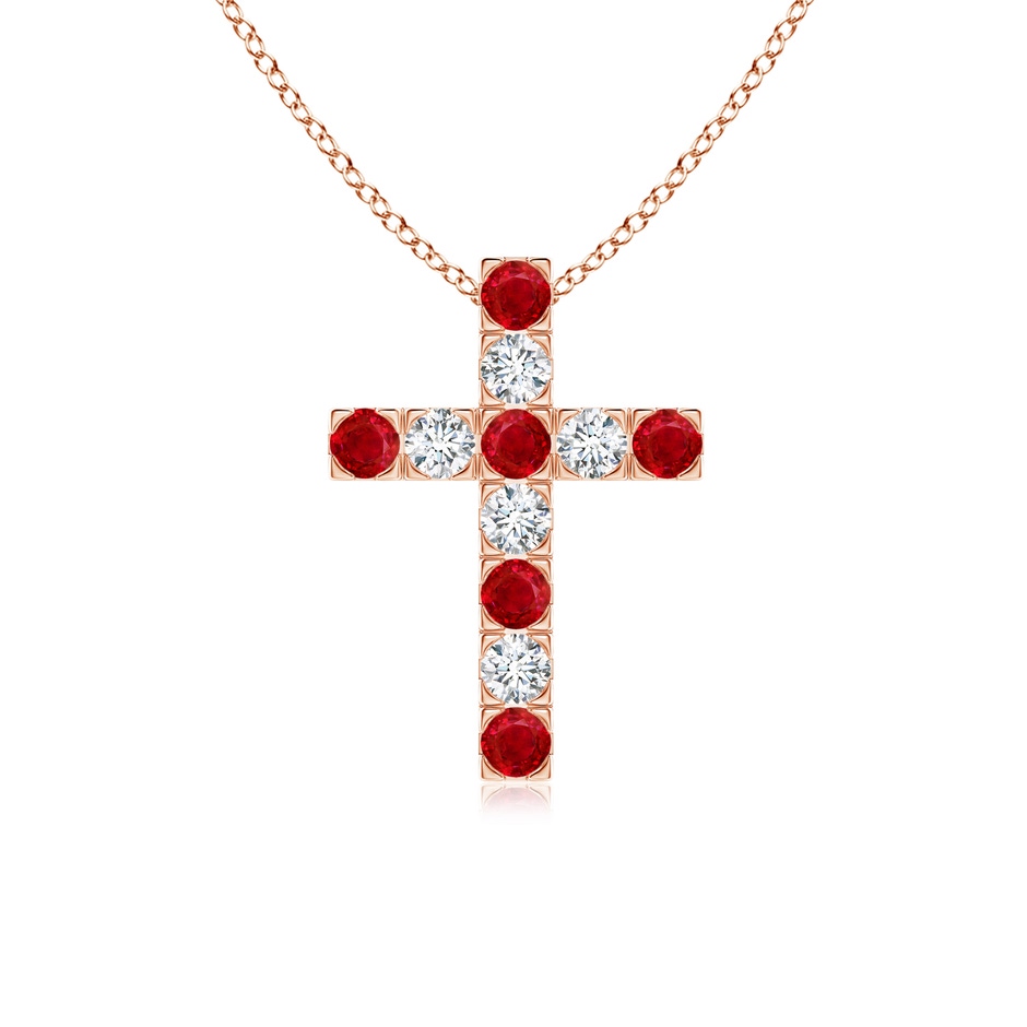 2.5mm AAA Flat Prong-Set Ruby and Diamond Cross Pendant in Rose Gold 