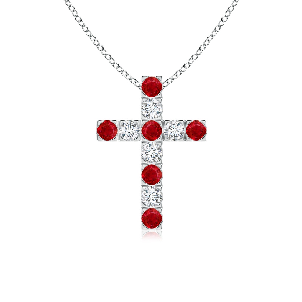 2.5mm AAA Flat Prong-Set Ruby and Diamond Cross Pendant in White Gold