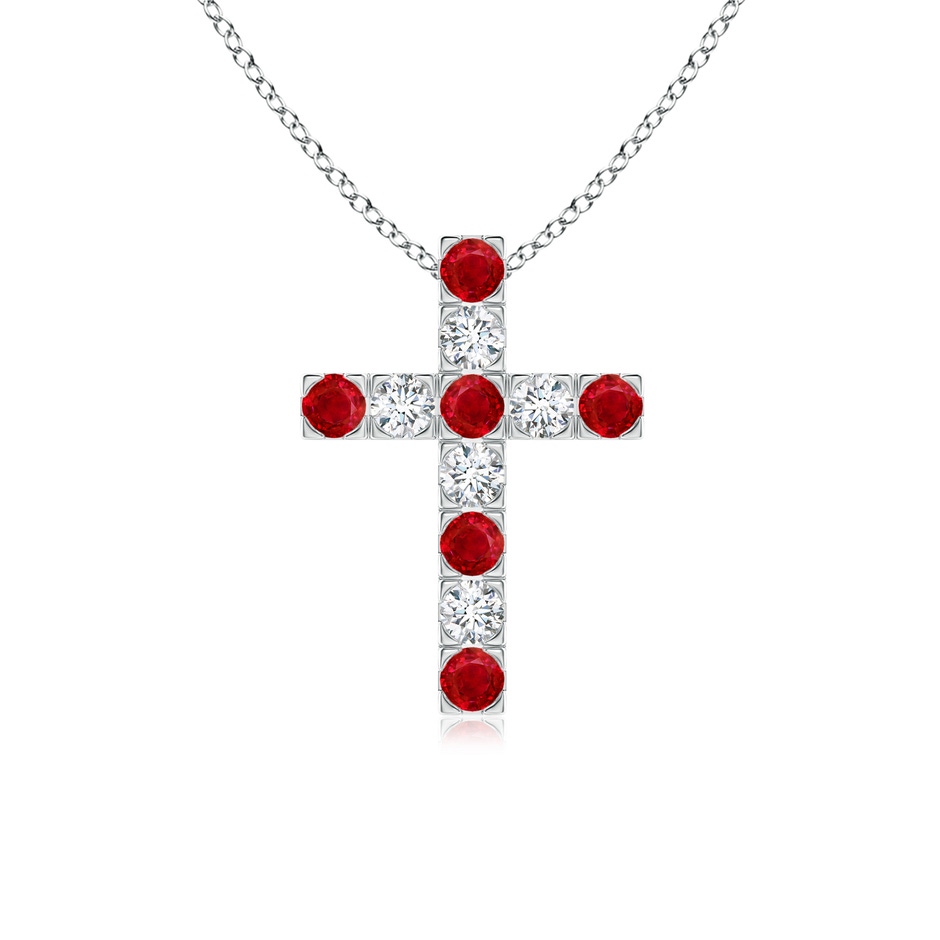 2.5mm AAA Flat Prong-Set Ruby and Diamond Cross Pendant in White Gold 