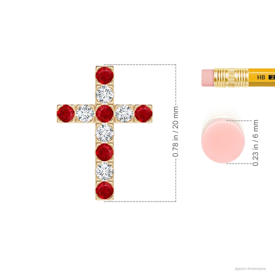 2.5mm AAA Flat Prong-Set Ruby and Diamond Cross Pendant in Yellow Gold ruler