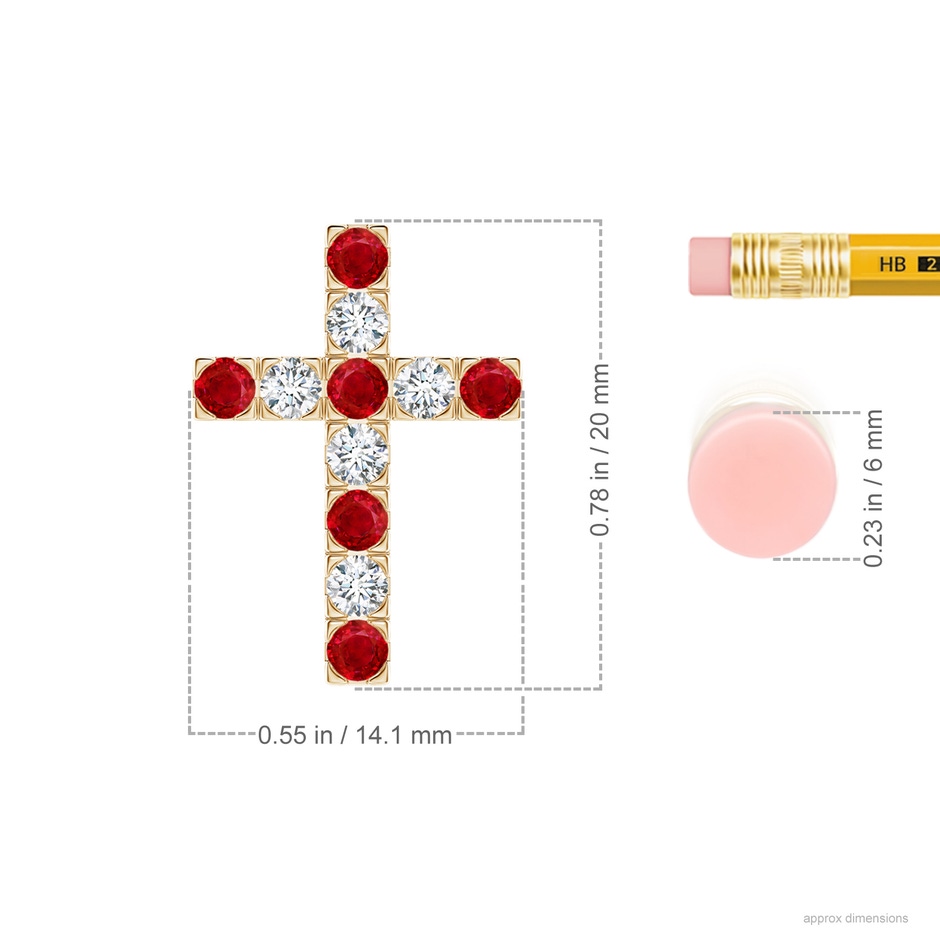 2.5mm AAA Flat Prong-Set Ruby and Diamond Cross Pendant in Yellow Gold ruler