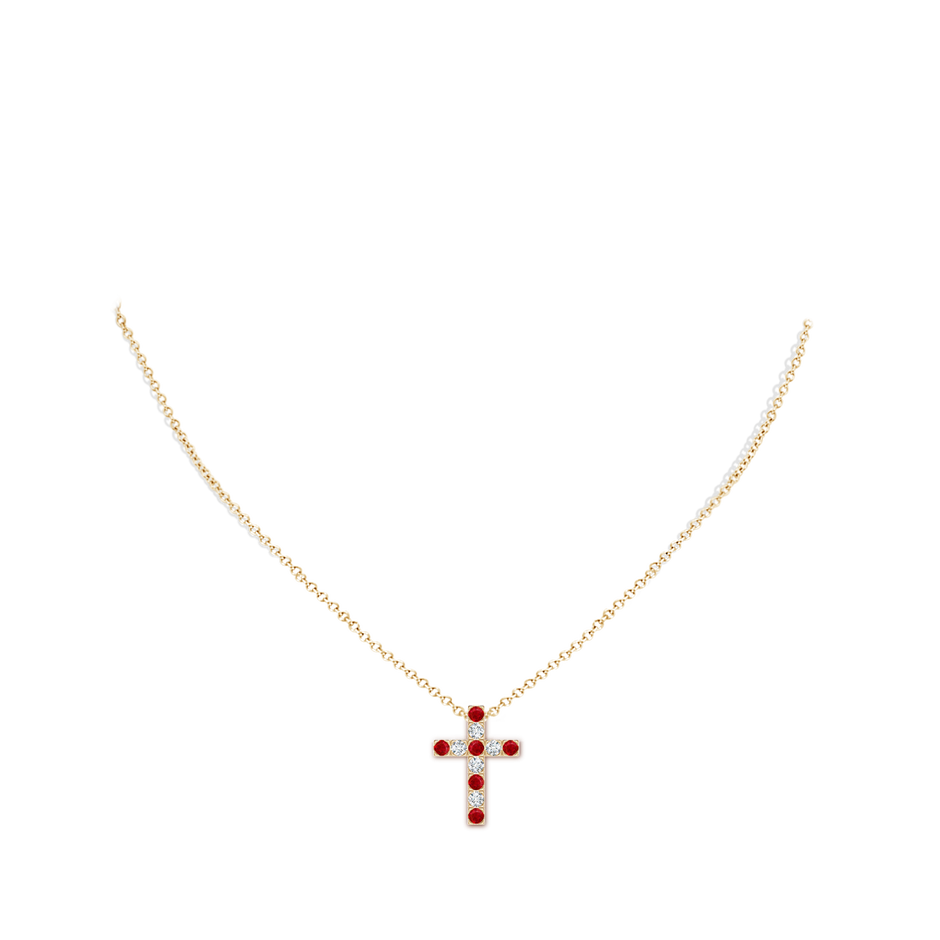 2.5mm AAA Flat Prong-Set Ruby and Diamond Cross Pendant in Yellow Gold body-neck