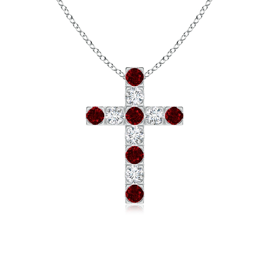 2.5mm AAAA Flat Prong-Set Ruby and Diamond Cross Pendant in White Gold 