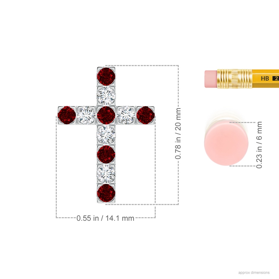 2.5mm AAAA Flat Prong-Set Ruby and Diamond Cross Pendant in White Gold ruler
