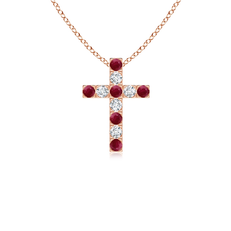 2mm A Flat Prong-Set Ruby and Diamond Cross Pendant in Rose Gold 