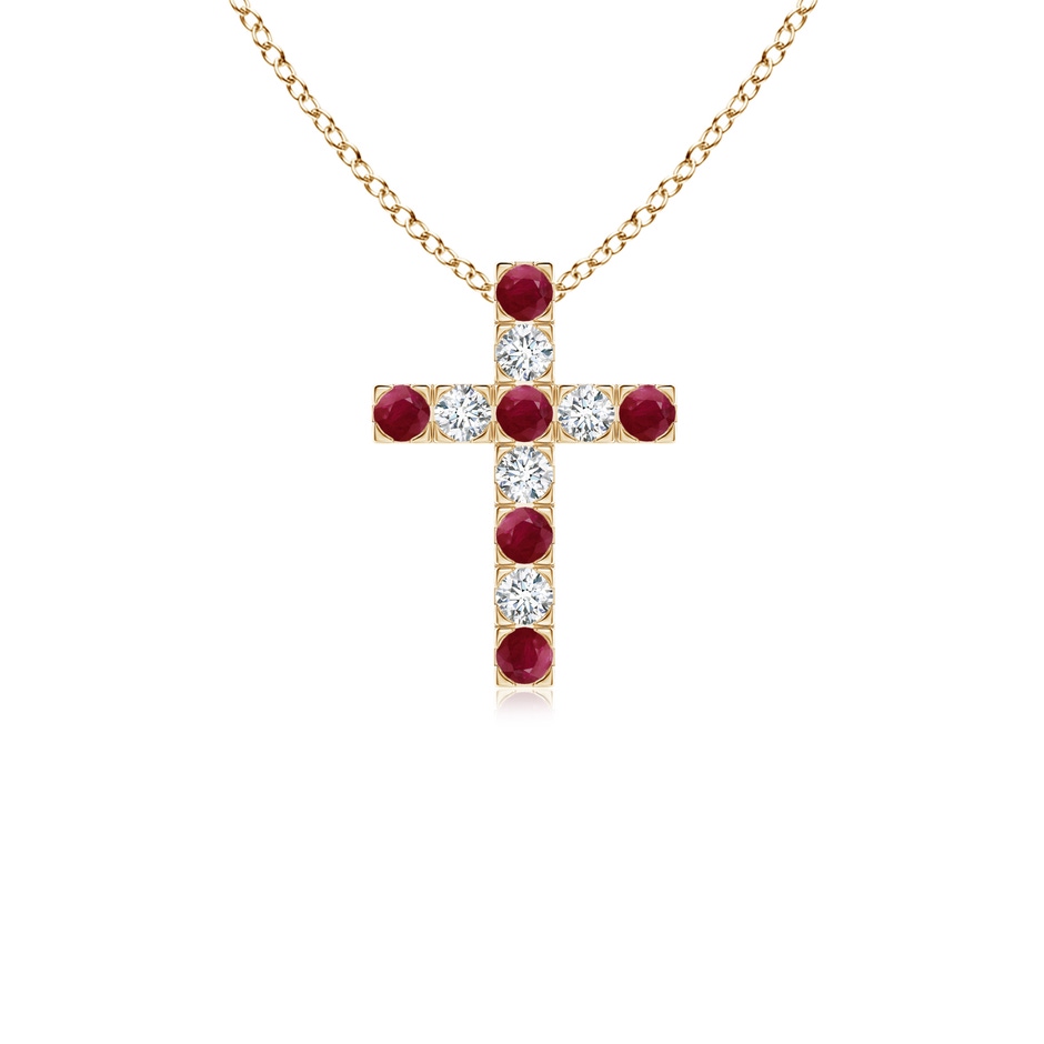 2mm A Flat Prong-Set Ruby and Diamond Cross Pendant in Yellow Gold 