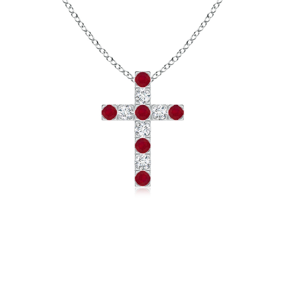 2mm AA Flat Prong-Set Ruby and Diamond Cross Pendant in White Gold 