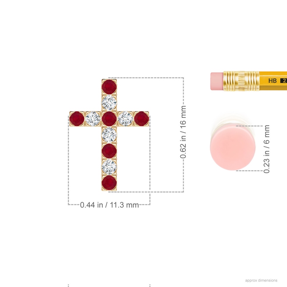 2mm AA Flat Prong-Set Ruby and Diamond Cross Pendant in Yellow Gold ruler