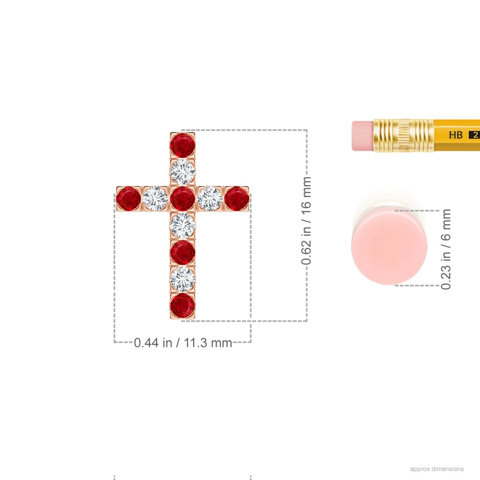2mm AAA Flat Prong-Set Ruby and Diamond Cross Pendant in Rose Gold ruler