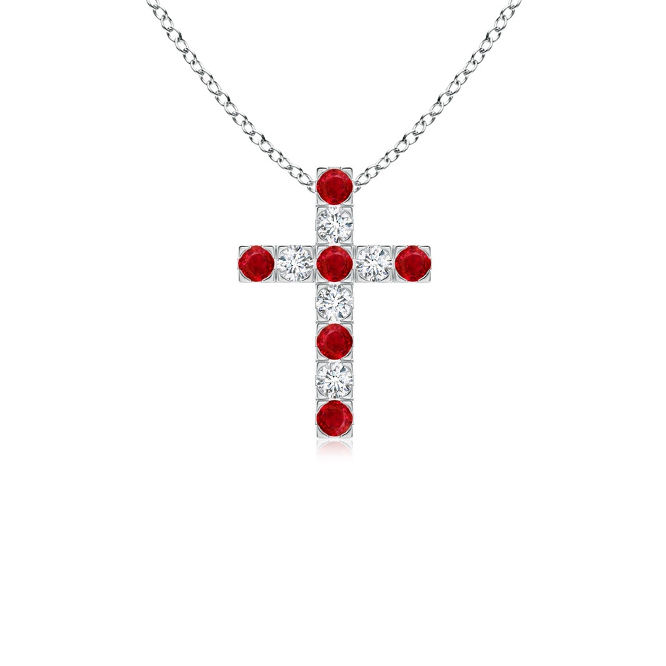 2mm AAA Flat Prong-Set Ruby and Diamond Cross Pendant in White Gold 