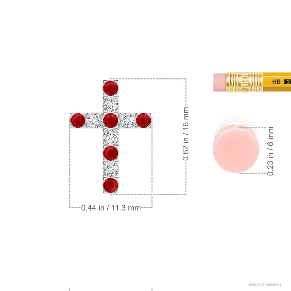 2mm AAA Flat Prong-Set Ruby and Diamond Cross Pendant in White Gold ruler