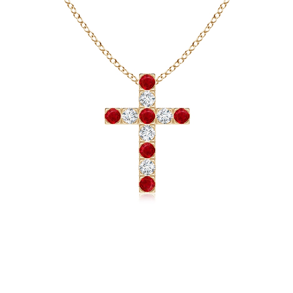 2mm AAA Flat Prong-Set Ruby and Diamond Cross Pendant in Yellow Gold 