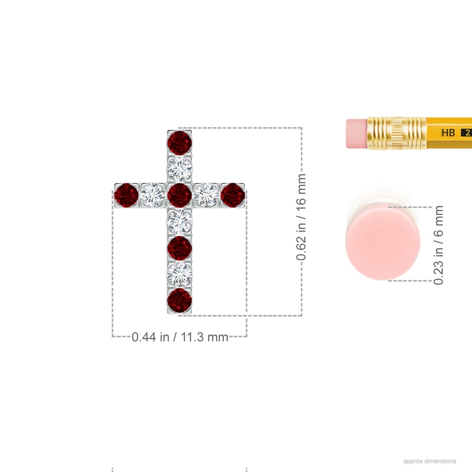 2mm AAAA Flat Prong-Set Ruby and Diamond Cross Pendant in P950 Platinum ruler