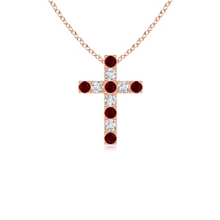 2mm AAAA Flat Prong-Set Ruby and Diamond Cross Pendant in Rose Gold