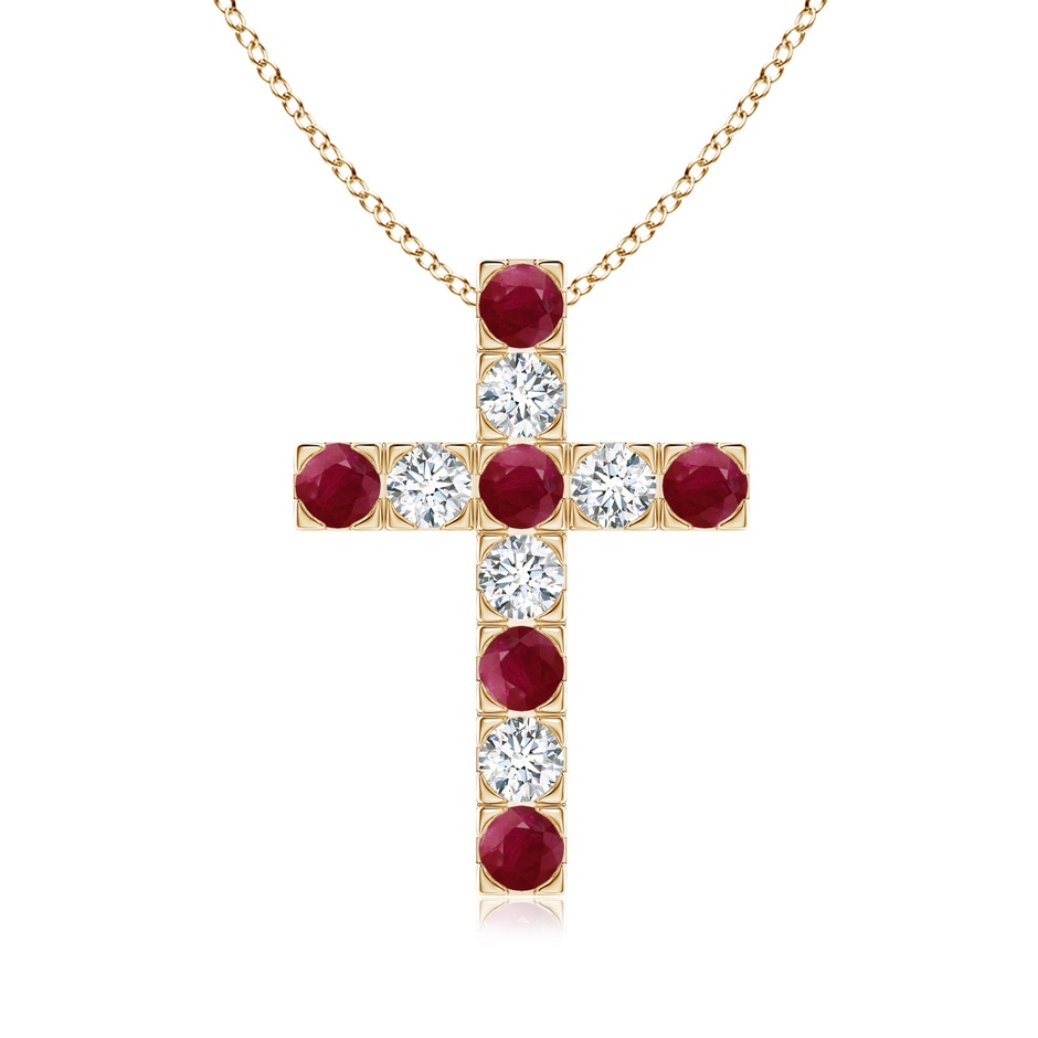 3mm A Flat Prong-Set Ruby and Diamond Cross Pendant in Yellow Gold 