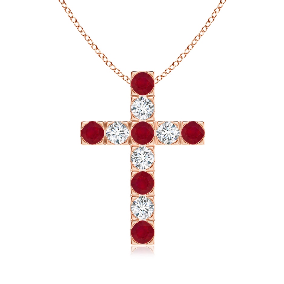3mm AA Flat Prong-Set Ruby and Diamond Cross Pendant in Rose Gold 