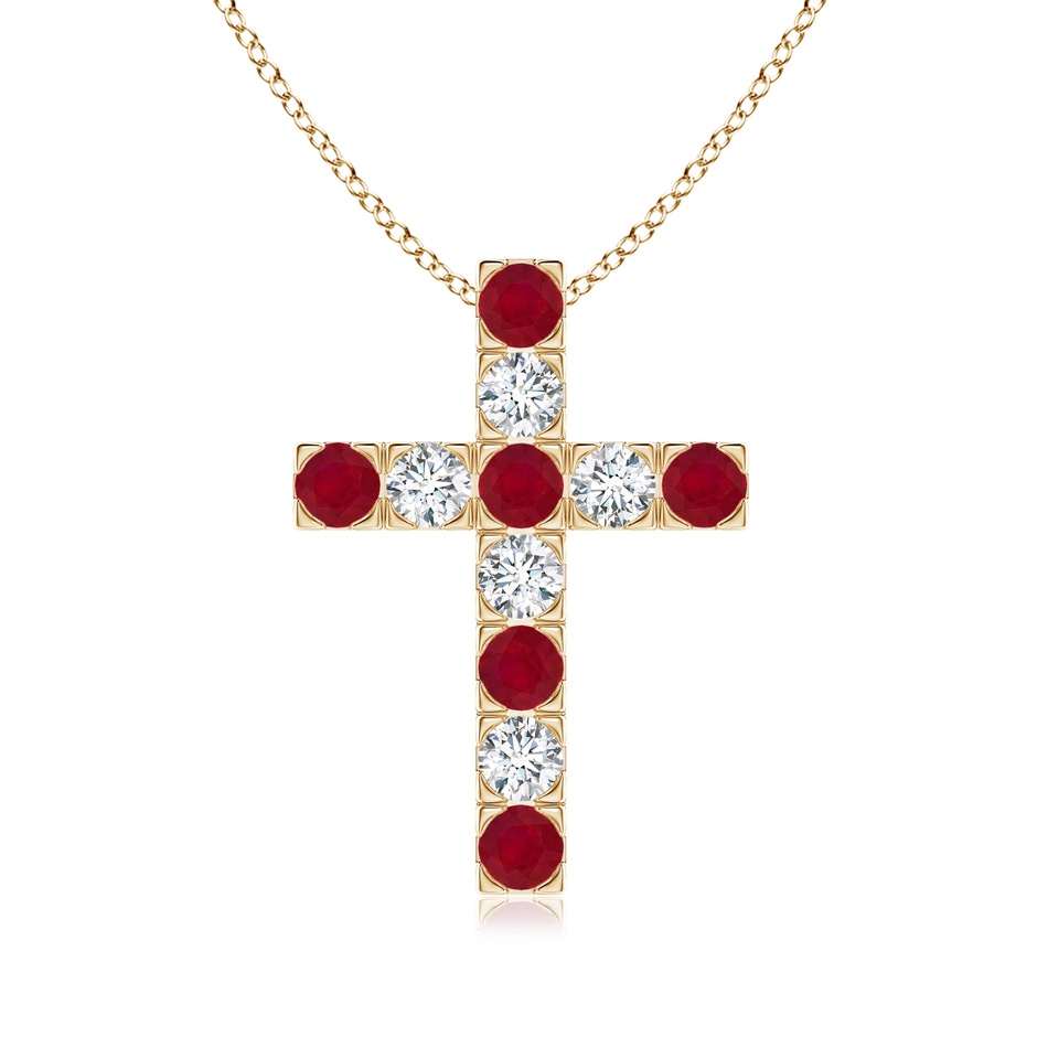 3mm AA Flat Prong-Set Ruby and Diamond Cross Pendant in Yellow Gold 