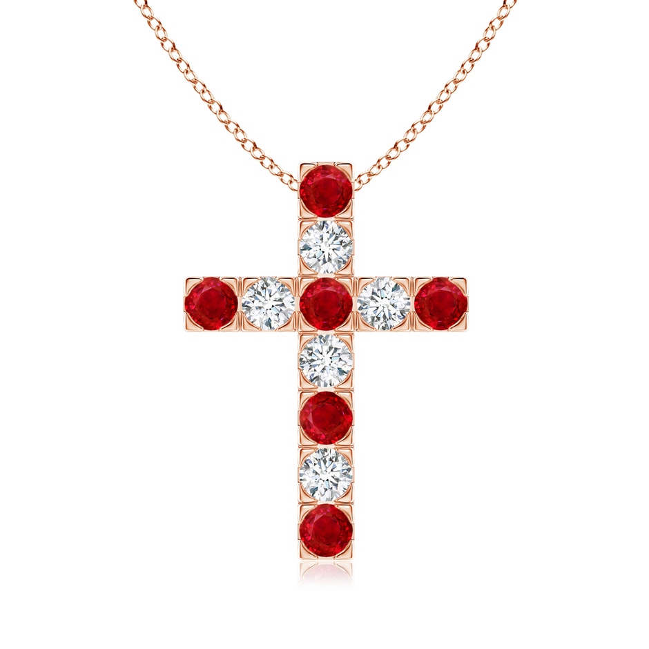 3mm AAA Flat Prong-Set Ruby and Diamond Cross Pendant in Rose Gold 