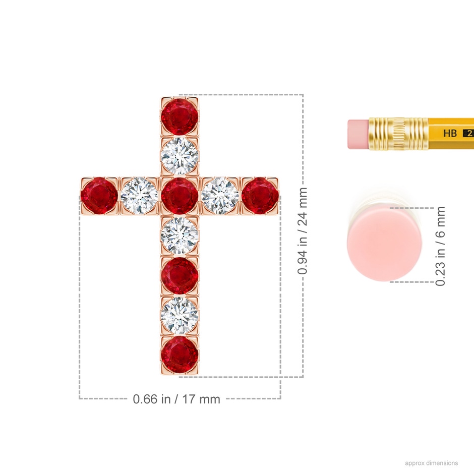 3mm AAA Flat Prong-Set Ruby and Diamond Cross Pendant in Rose Gold ruler