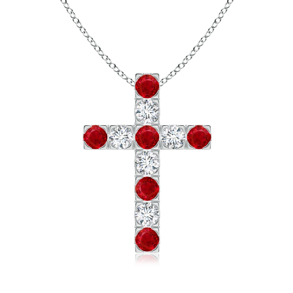 3mm AAA Flat Prong-Set Ruby and Diamond Cross Pendant in White Gold 
