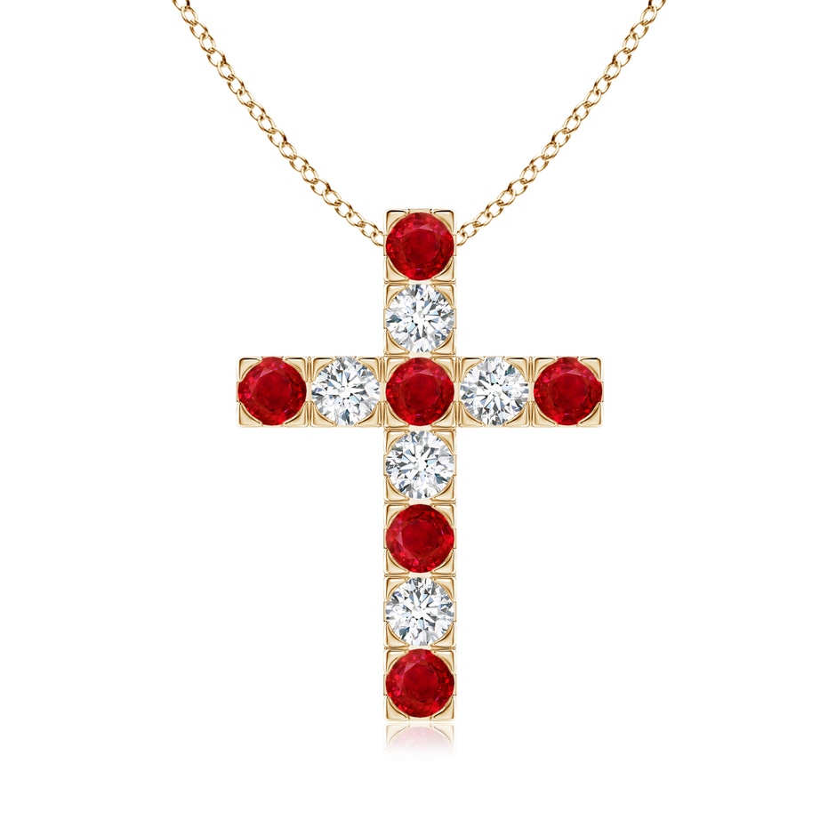 3mm AAA Flat Prong-Set Ruby and Diamond Cross Pendant in Yellow Gold 