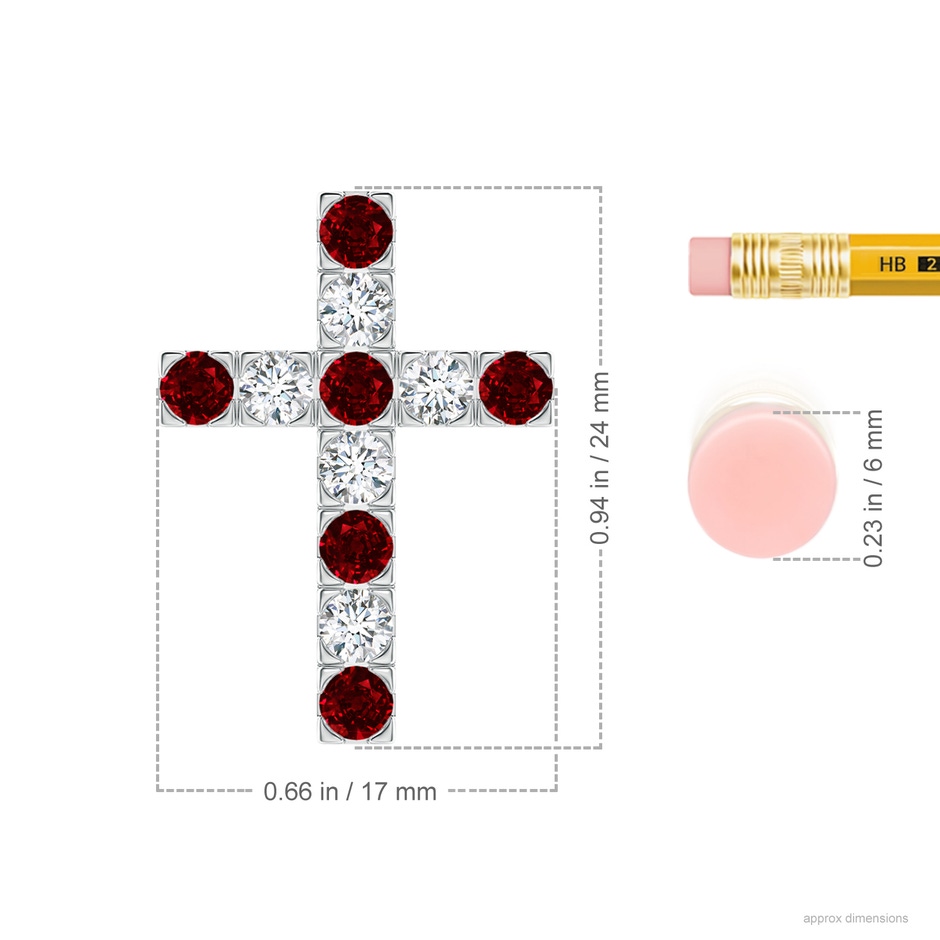3mm AAAA Flat Prong-Set Ruby and Diamond Cross Pendant in P950 Platinum ruler