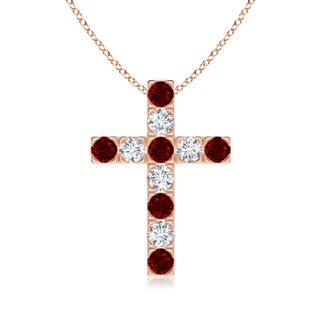 3mm AAAA Flat Prong-Set Ruby and Diamond Cross Pendant in Rose Gold