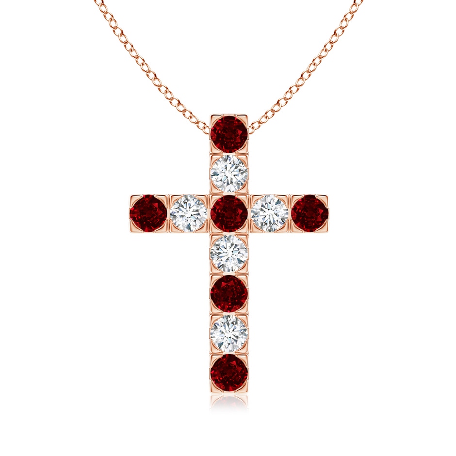 3mm AAAA Flat Prong-Set Ruby and Diamond Cross Pendant in Rose Gold 