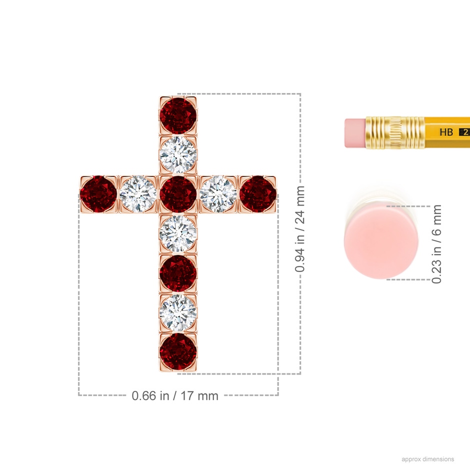 3mm AAAA Flat Prong-Set Ruby and Diamond Cross Pendant in Rose Gold ruler