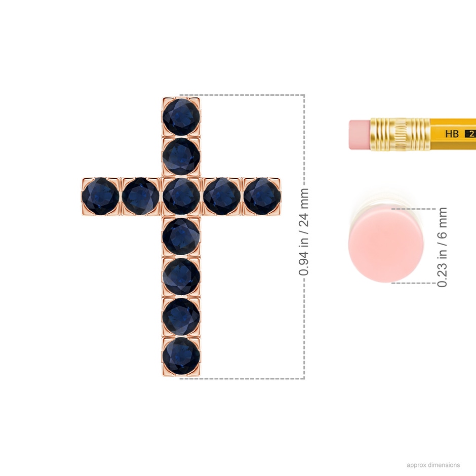 3mm A Flat Prong-Set Blue Sapphire Cross Pendant in Rose Gold ruler