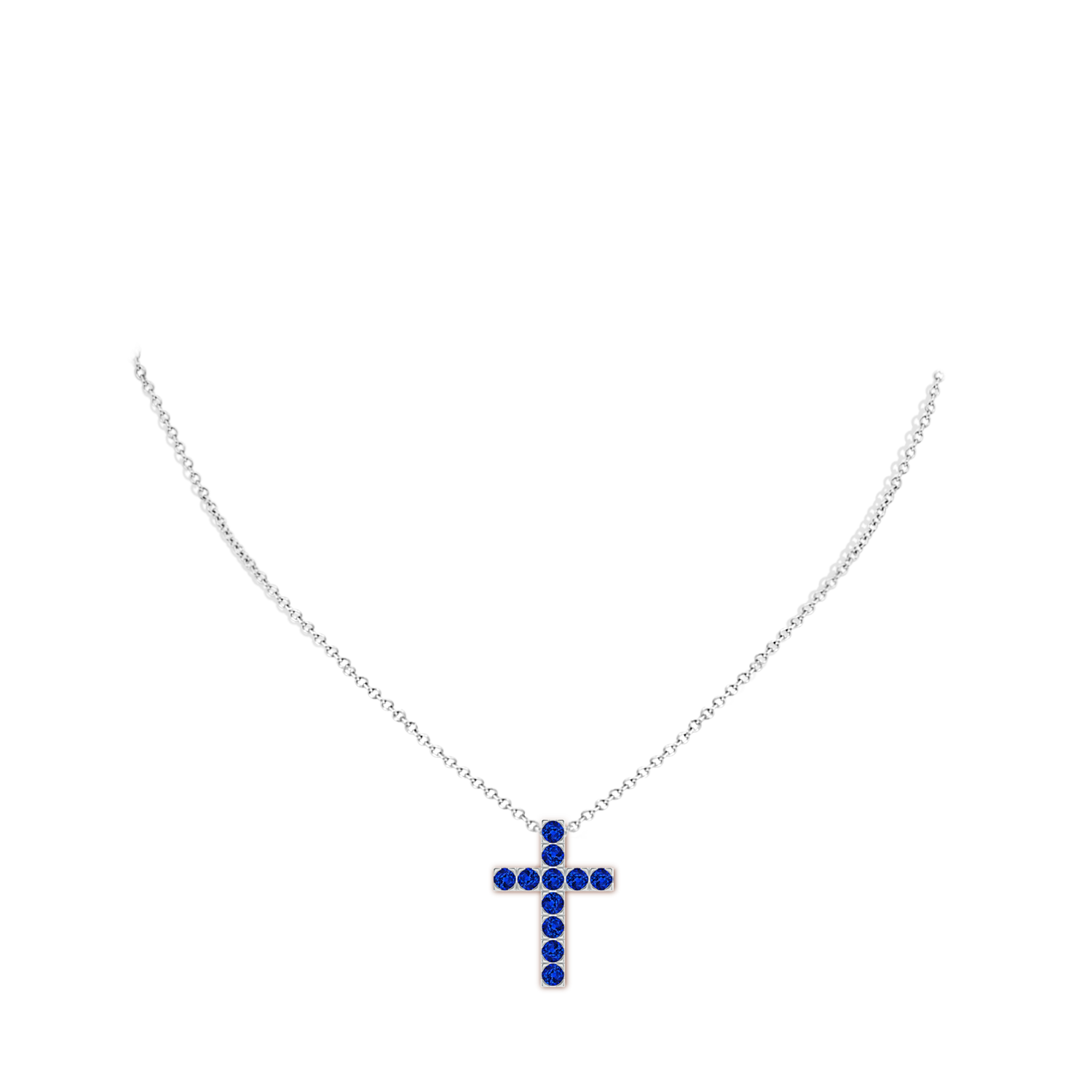 3mm AAAA Flat Prong-Set Blue Sapphire Cross Pendant in White Gold - body_neck