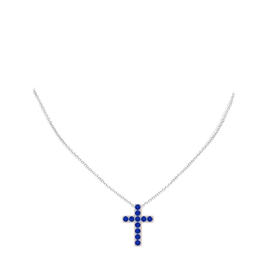 3mm Lab-Grown Flat Prong-Set Blue Sapphire Cross Pendant in White Gold pen