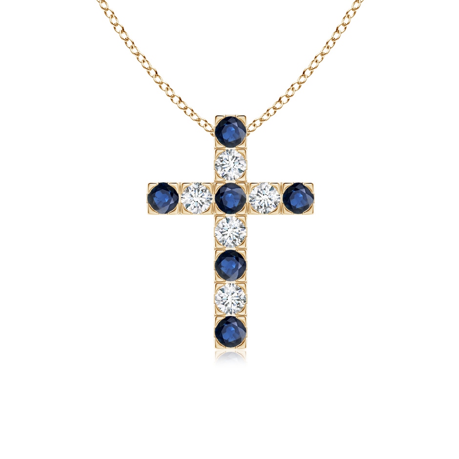 2.5mm AA Flat Prong-Set Blue Sapphire and Diamond Cross Pendant in Yellow Gold 