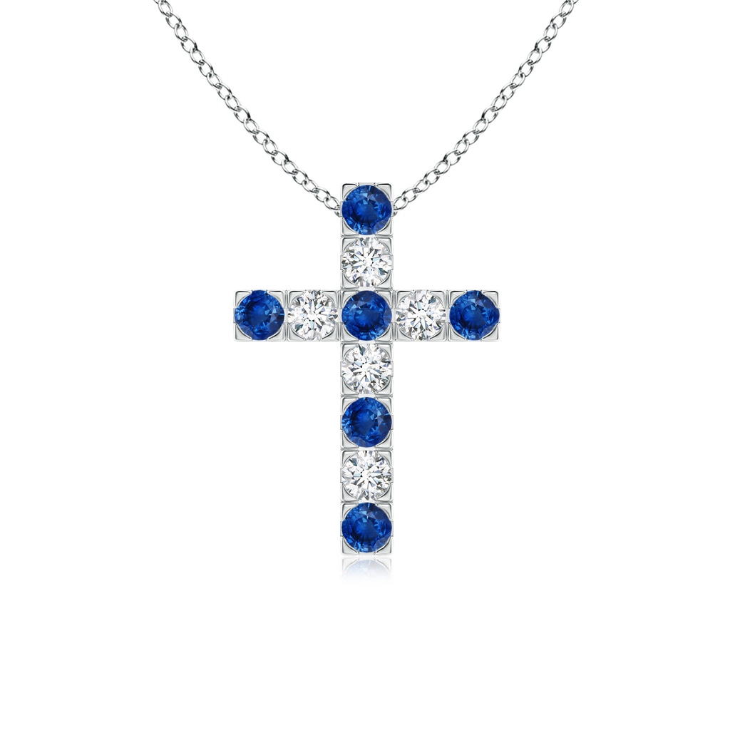 2.5mm AAA Flat Prong-Set Blue Sapphire and Diamond Cross Pendant in White Gold