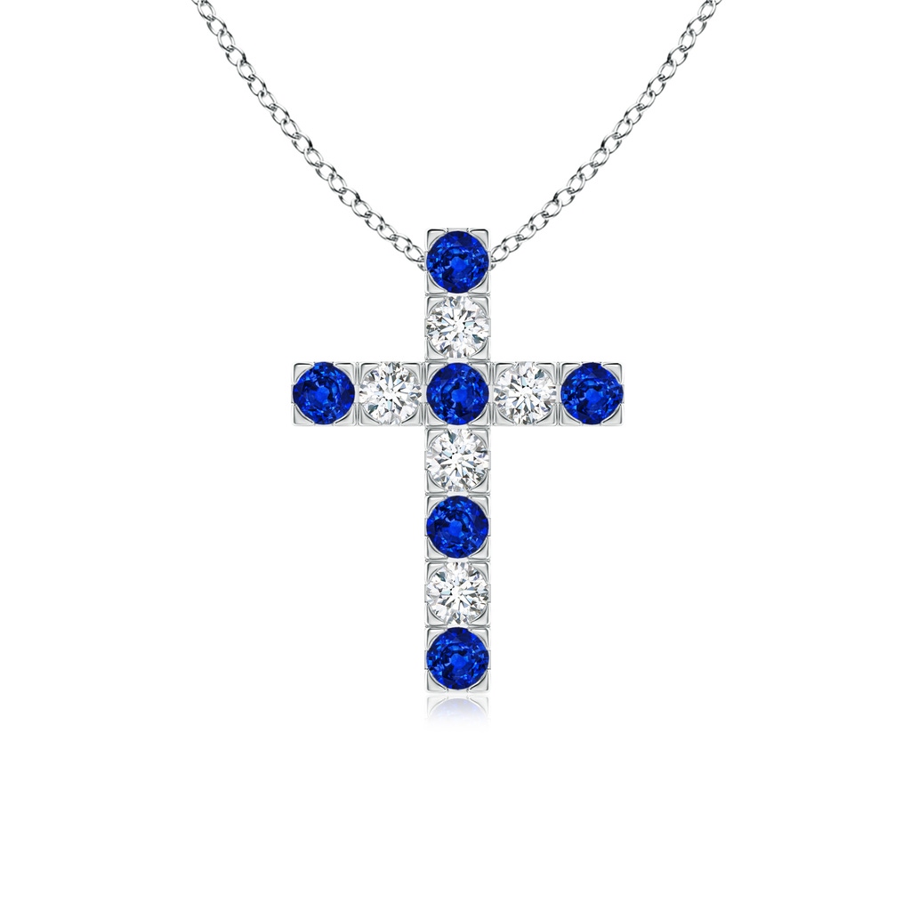 2.5mm Lab-Grown Flat Prong-Set Blue Sapphire and Diamond Cross Pendant in White Gold