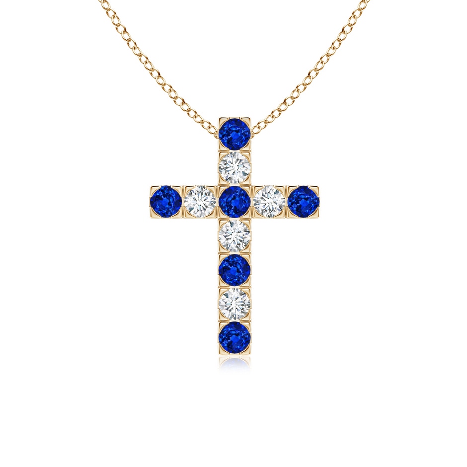 2.5mm AAAA Flat Prong-Set Blue Sapphire and Diamond Cross Pendant in Yellow Gold 