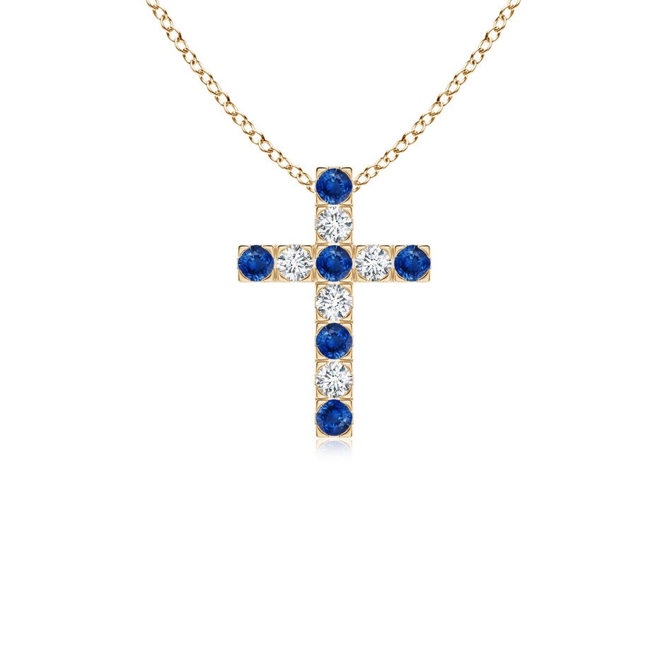 2mm AAA Flat Prong-Set Blue Sapphire and Diamond Cross Pendant in 9K Yellow Gold 