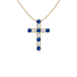 2mm AAA Flat Prong-Set Blue Sapphire and Diamond Cross Pendant in Yellow Gold