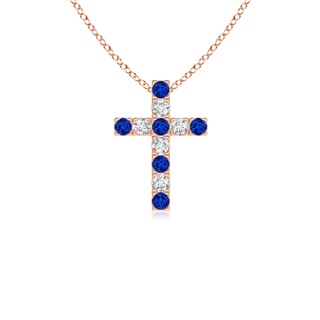 2mm AAAA Flat Prong-Set Blue Sapphire and Diamond Cross Pendant in Rose Gold