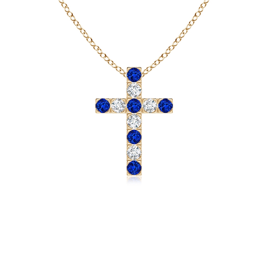 2mm AAAA Flat Prong-Set Blue Sapphire and Diamond Cross Pendant in Yellow Gold