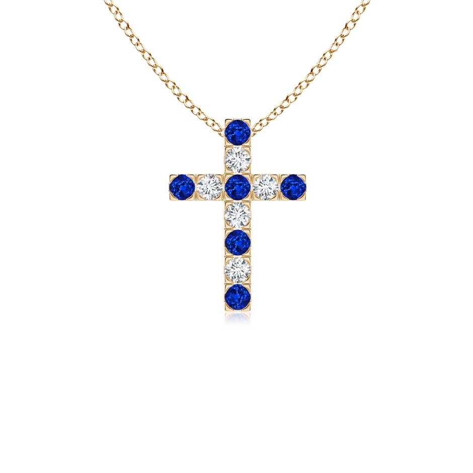 2mm Lab-Grown Flat Prong-Set Blue Sapphire and Diamond Cross Pendant in Yellow Gold 