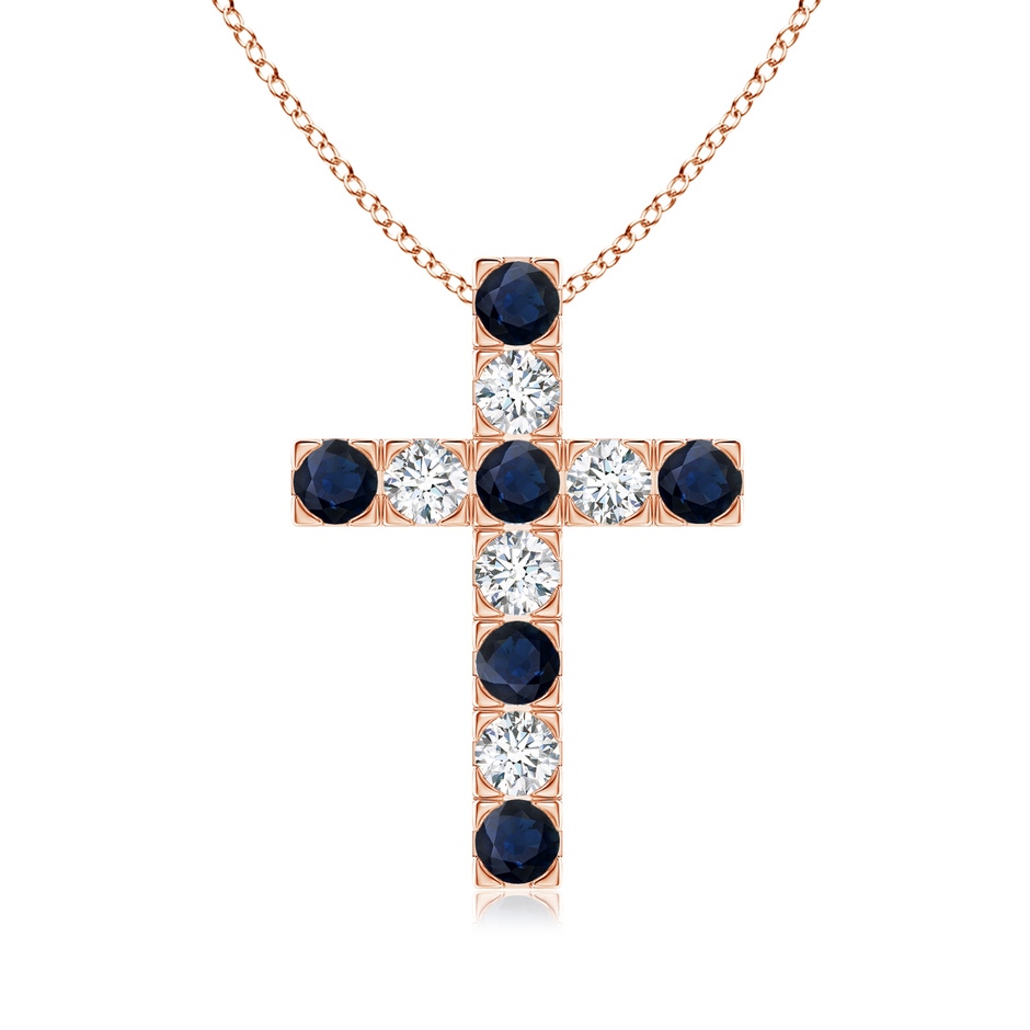 3mm A Flat Prong-Set Blue Sapphire and Diamond Cross Pendant in Rose Gold 